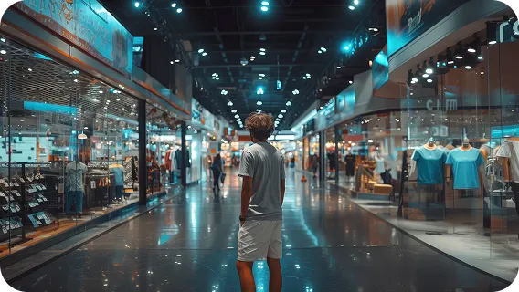 Shopper walking down a modern retail mall aisle, representing Retail AI MVPs