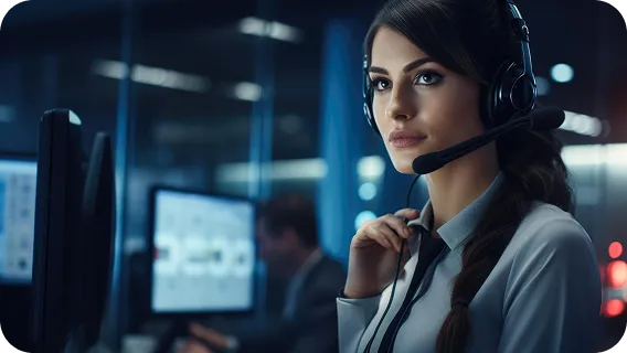 Female support operator working in a data center, showing AI automation tools
