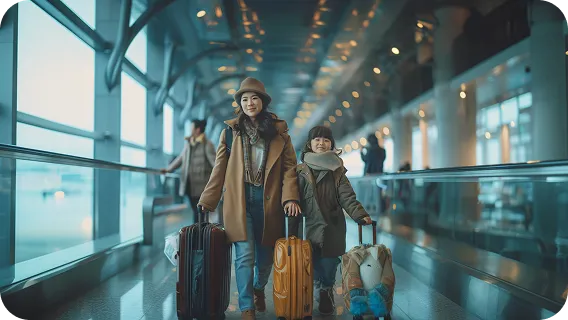 Travelers with suitcases at a terminal, showing smart AI booking personalization