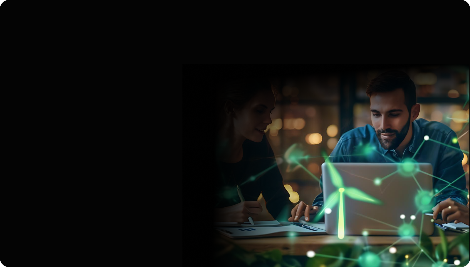 Professional on laptop with tech overlay for Phaedra Solutions Careers and hiring