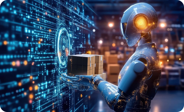 Robot holding boxes representing AI-first delivery services