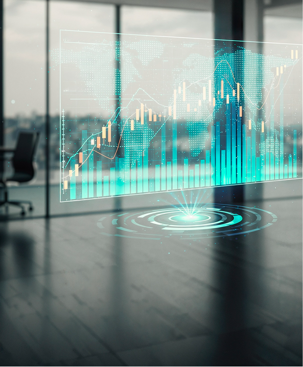Digital financial chart overlay in a modern office, representing Fintech API and data solutions