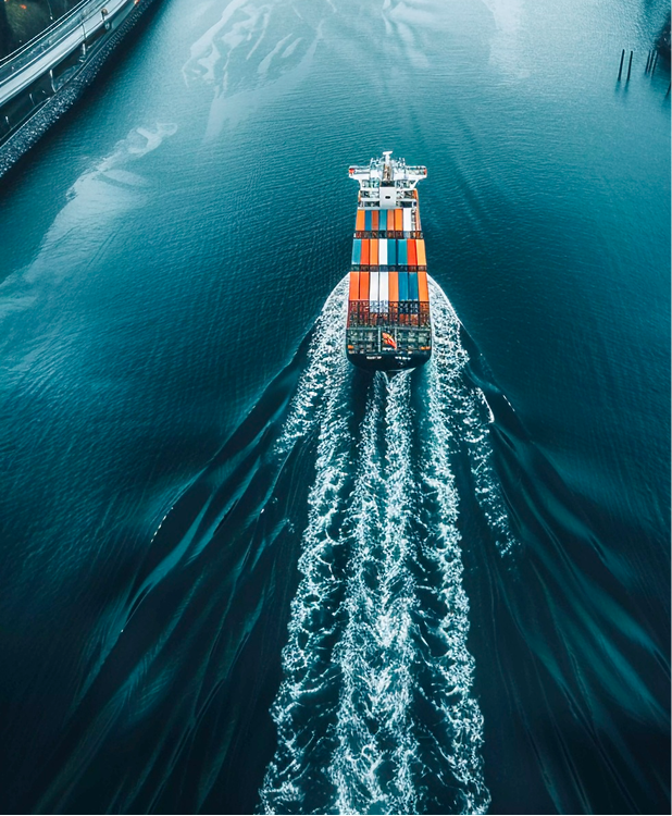 Freight container ship sailing through water, showcasing Logistics data pipelines automations and solutions