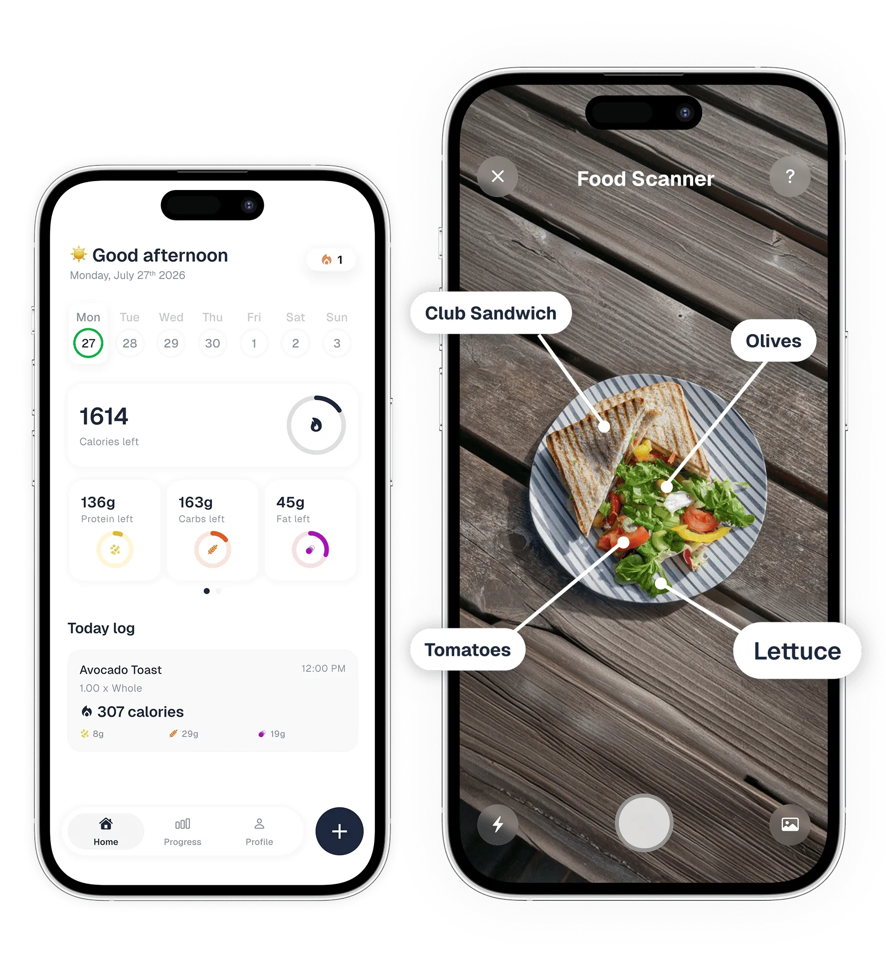 Cal Tracker app mockups — food scanner and home screen