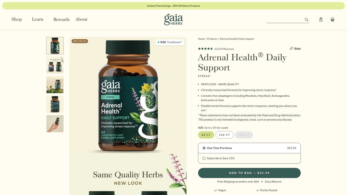 7 Essential Best Hormone Balancing Supplements for Weight Loss 2026 - Gaia Herbs Adrenal Health Daily Support