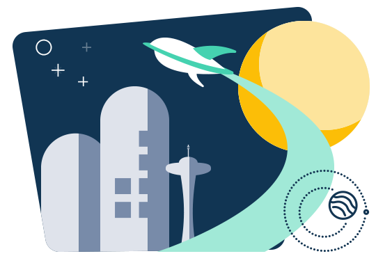 a futurist city illustrated with a cool rocket