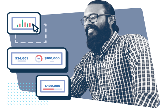 a male analyst with a beard, surrounded by super-useful fullcast dashboards and control panels