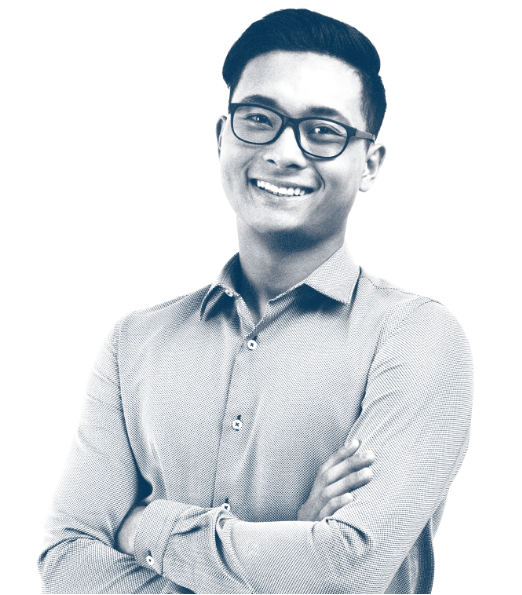 A image of a male-presenting business professional looking confident. Duo-tone.