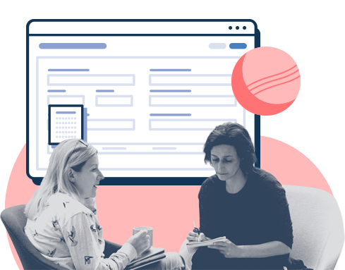 Two business people with a large fullcast ui floating behind them, show the constant planning.