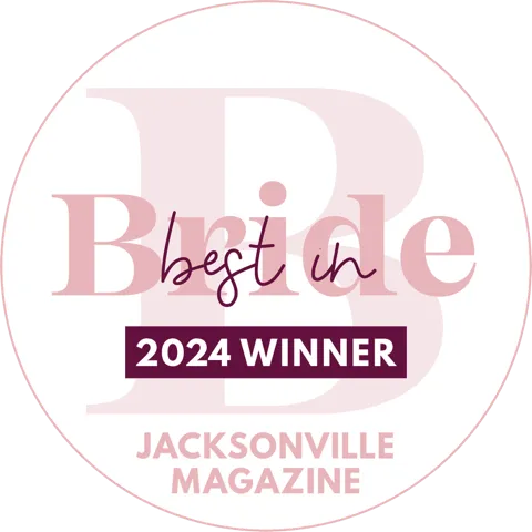 Circular badge with text 'Best in Bride 2024 Winner' and 'Jacksonville Magazine'.