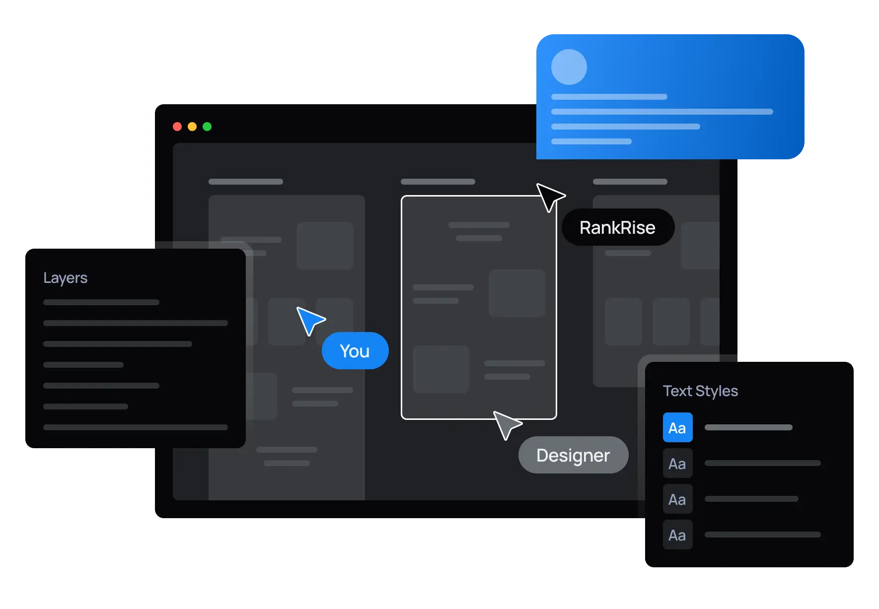 Design interface with layers, text styles, and collaboration between user and designer