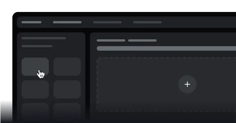 Dark mode user interface with sidebar, cursor, and plus button