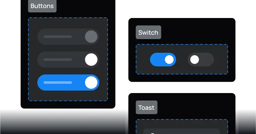 UI design mockup showing buttons, switches, and toast notification styles