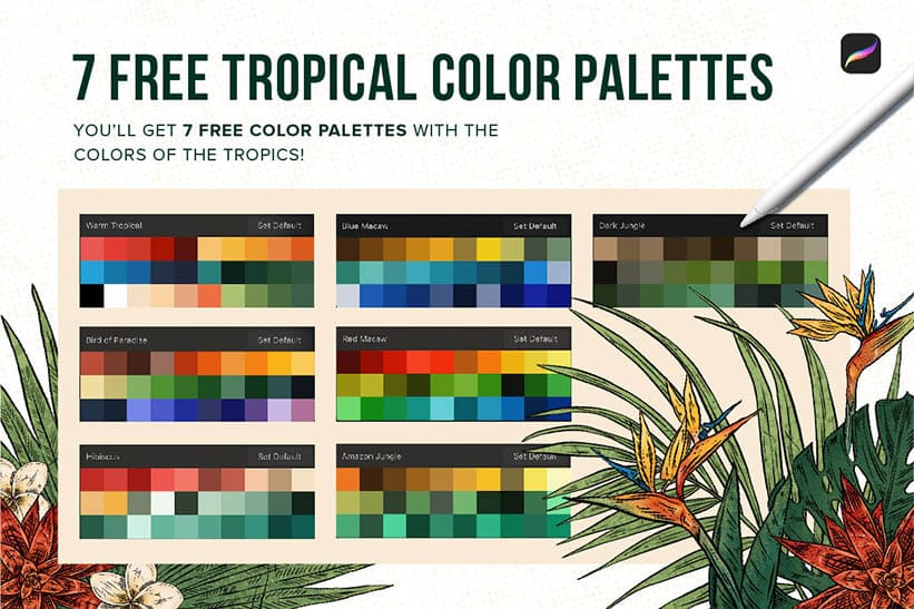 7 free tropical color palettes for Procreate