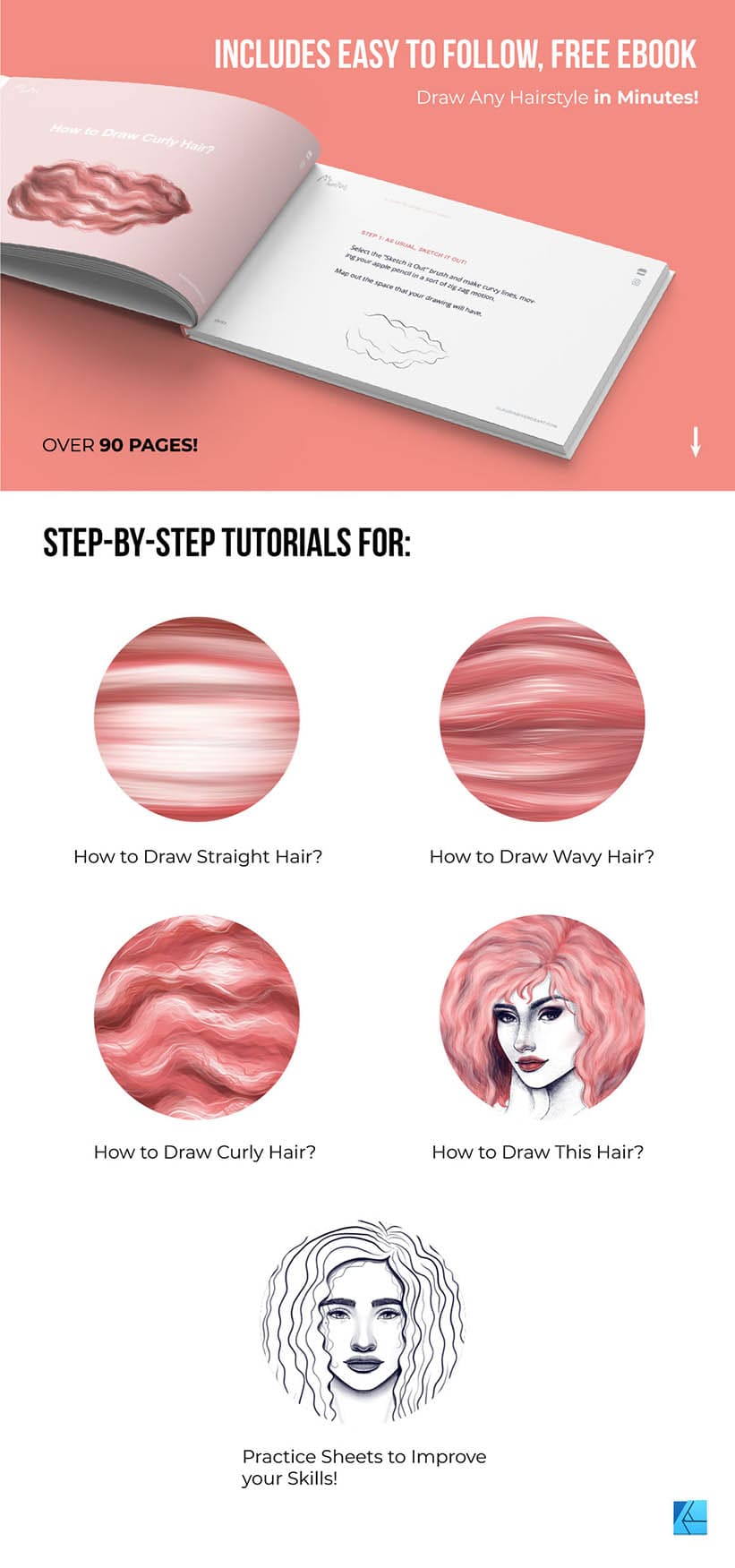 Includes an ebook tutorial showing you how to draw curly hair in affinity