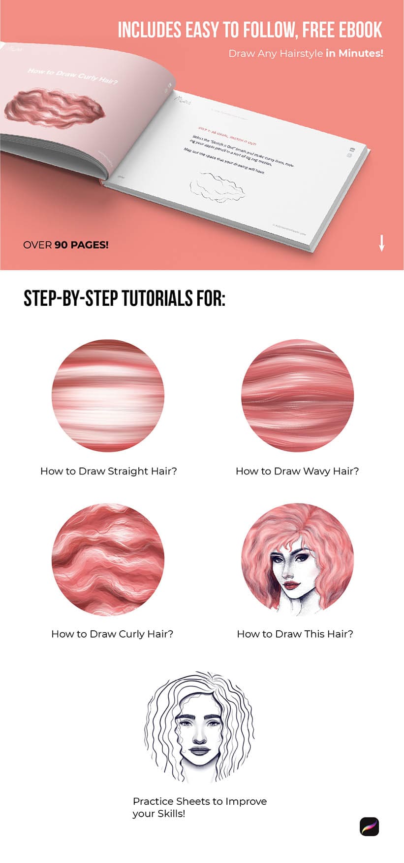 This brush set comes with a free eboot tutorial showing you how to draw hair in Procreate