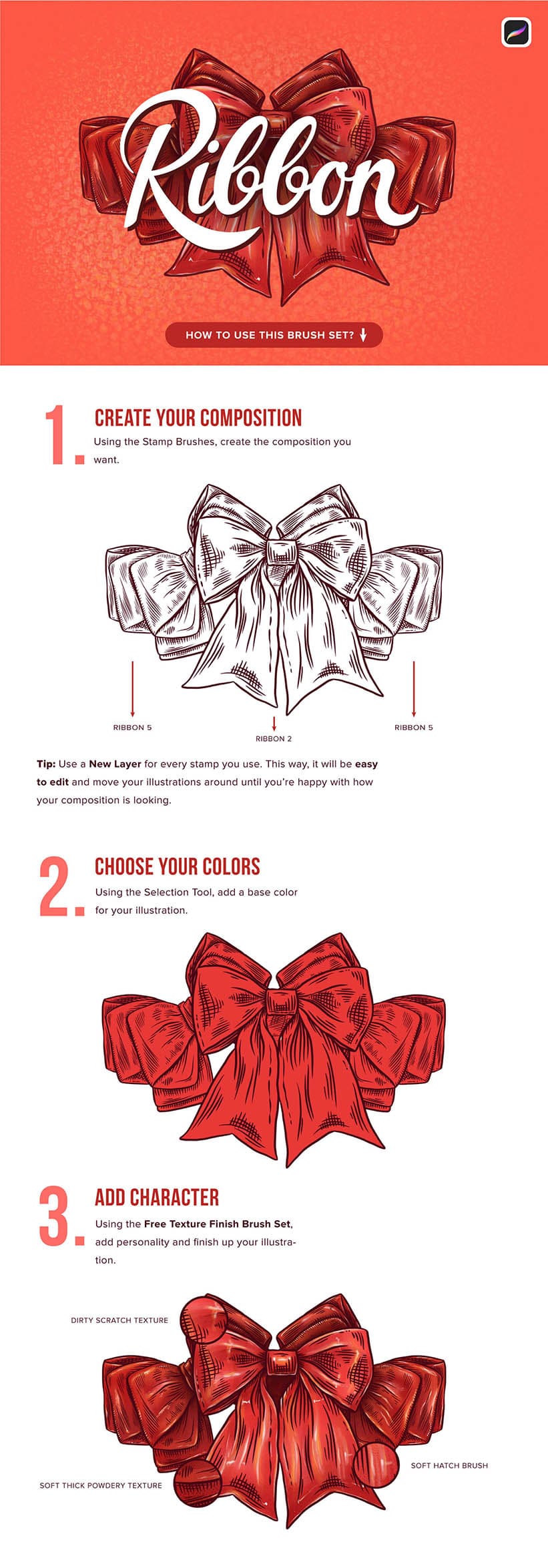 make ribbon illustrations fast, and easy with these procreate stamp brushes