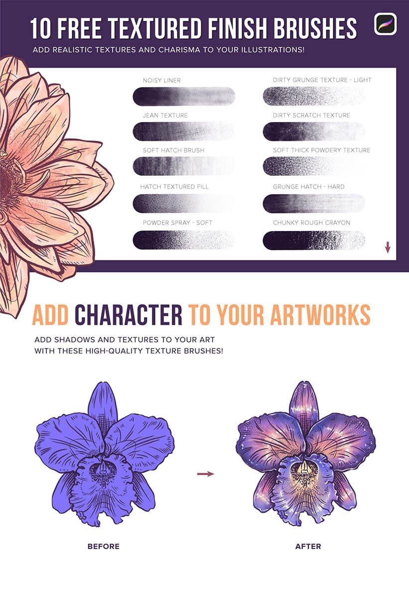 This set comes with 10 free texture brushes for Procreate