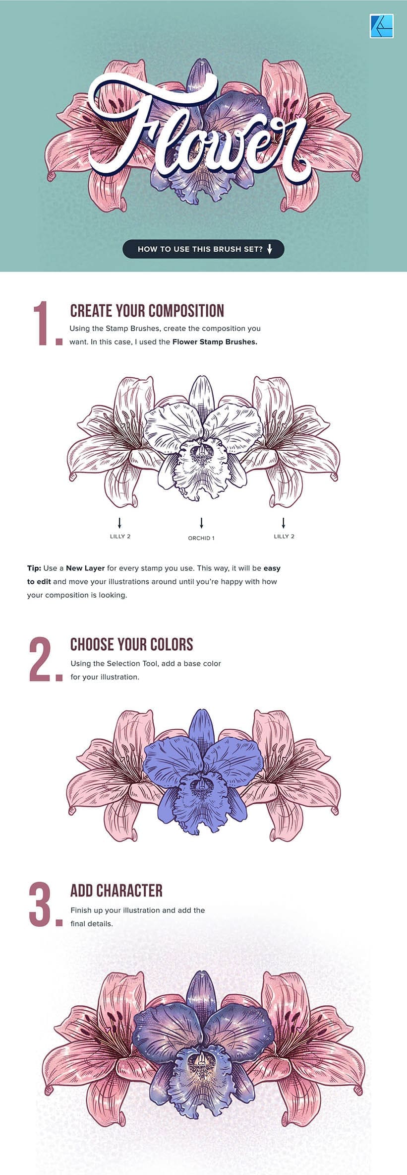Add florals to your illustrations in minutes with these stamp brushes for affinity