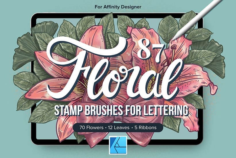 87 floral stamp brushes for affinity designer. You get flower, leaf and ribbon stamp brushes for affinity designer