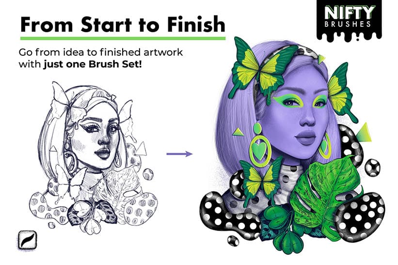 sketch to final illustrations with one procreate brush set 