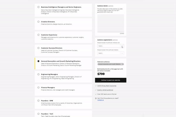 Screenrecording of adding audience segmentation filters to an selected audience when setting up a Wynter test