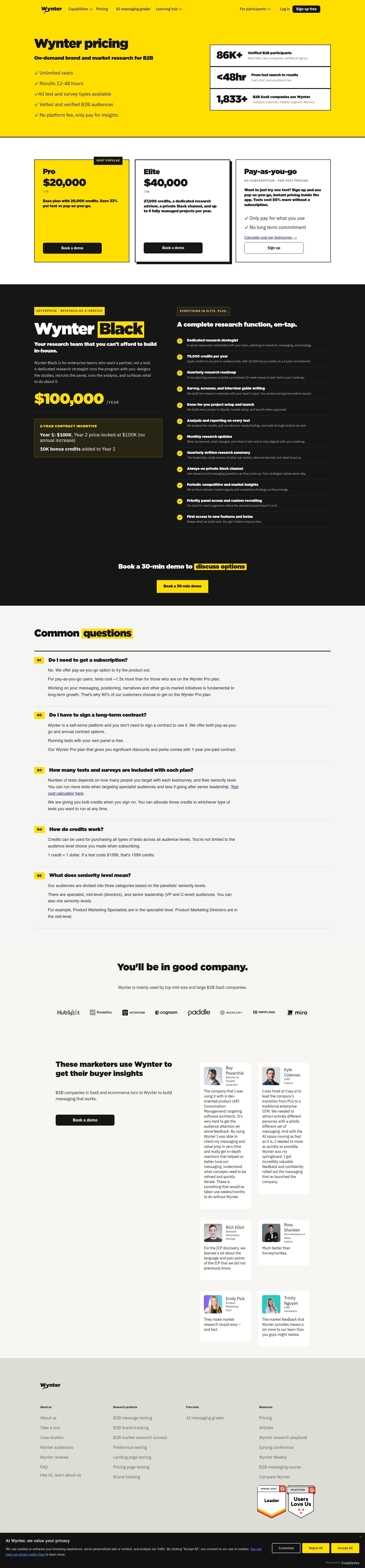Wynter pricing page used in the pricing test