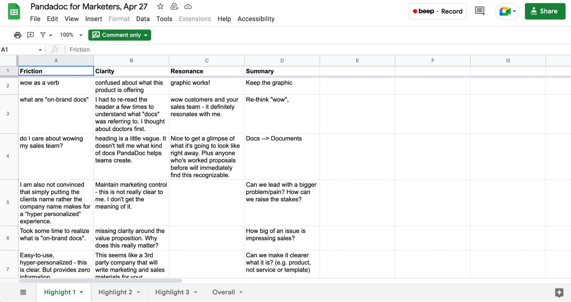 Screenshot of PandaDoc Marketing Panel Result in Google Sheet