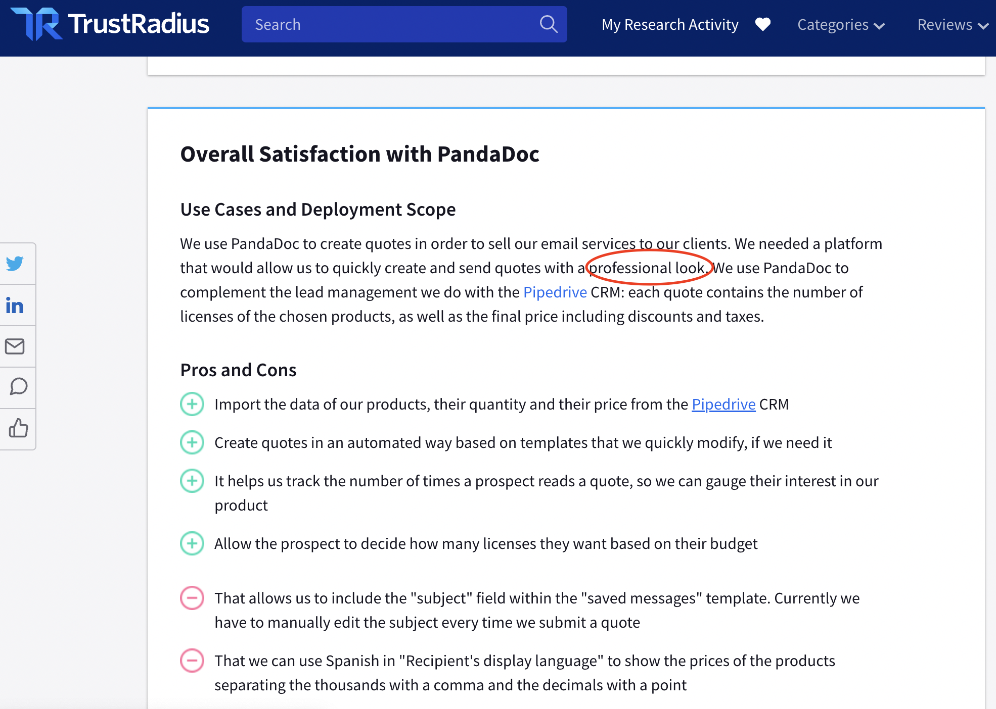 Screenshot of TrustRadius Website showing PandaDoc Review about its professional look