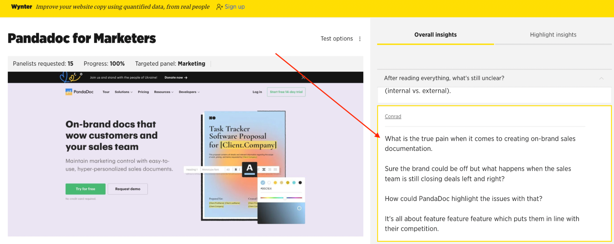 Screenshot of panel comment calling out the flatness of the “on-brand” value proposition