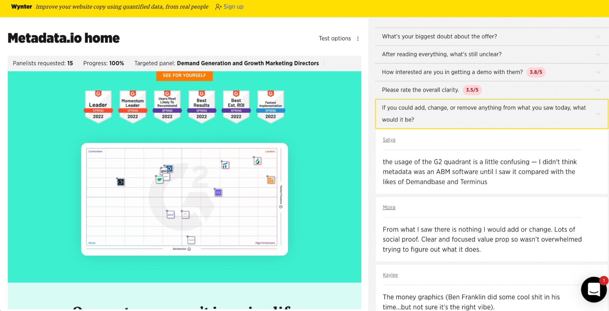 Screenshot of a Panel comments about the G2 chart of MetaData Platform