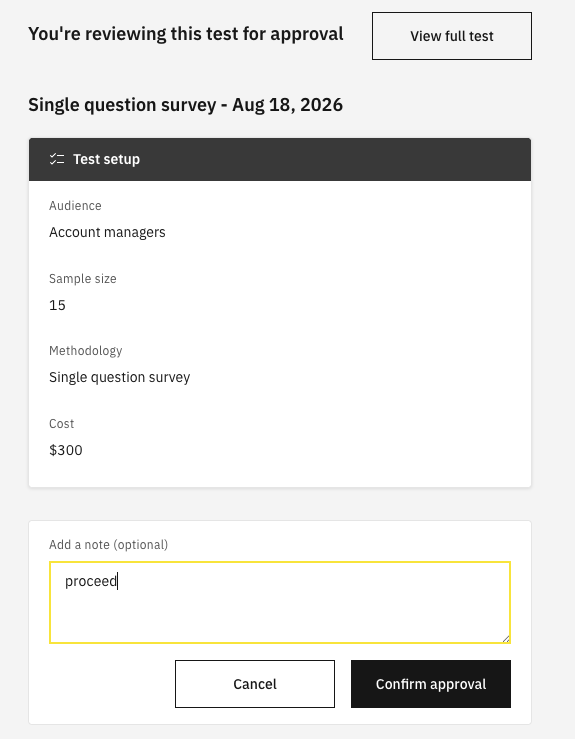 Wynter approval screen showing test details, an optional note field, and the Confirm approval button.