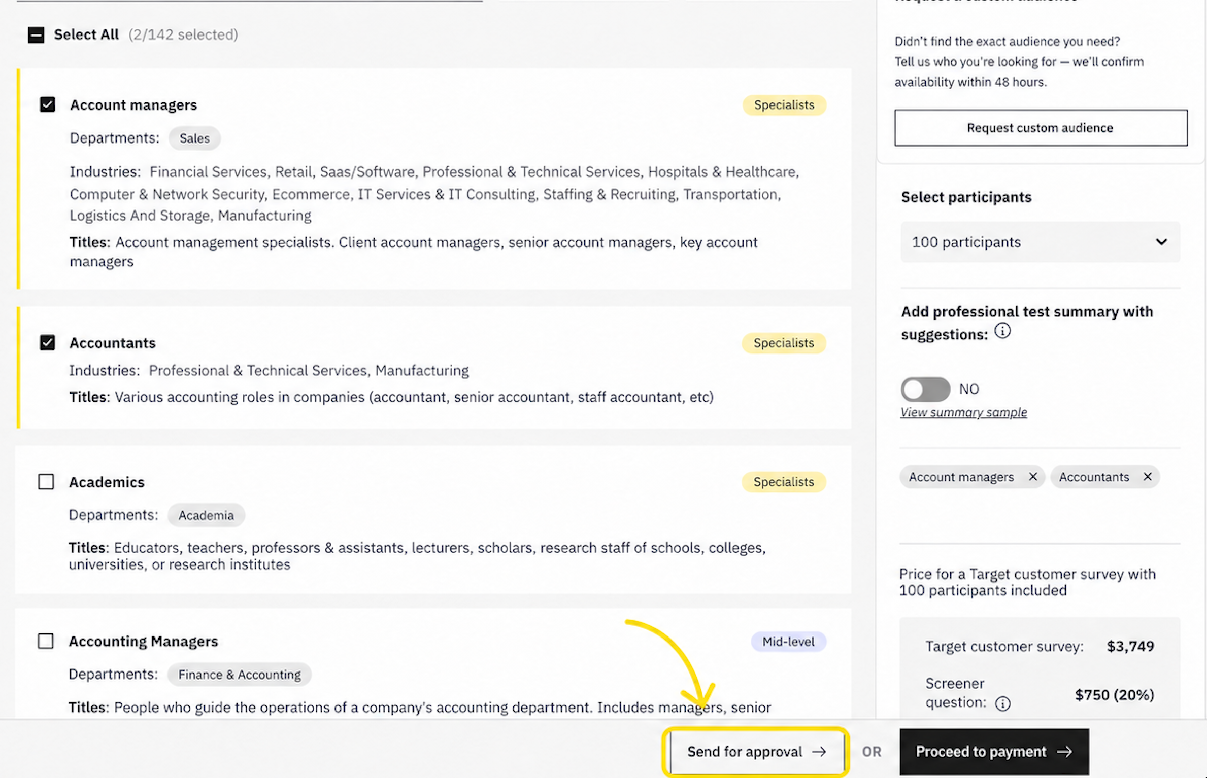 Wynter audience selection page showing selected account managers and accountants, pricing, and the Send for approval button.