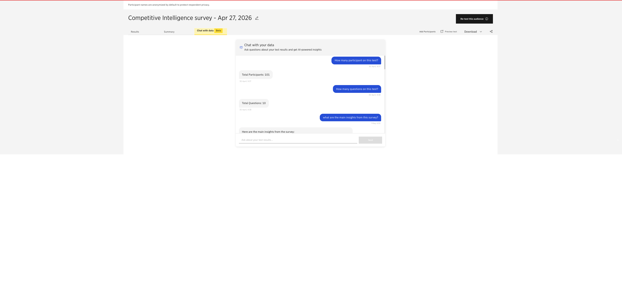 Chat with Data showing a conversation with completed Wynter research.
