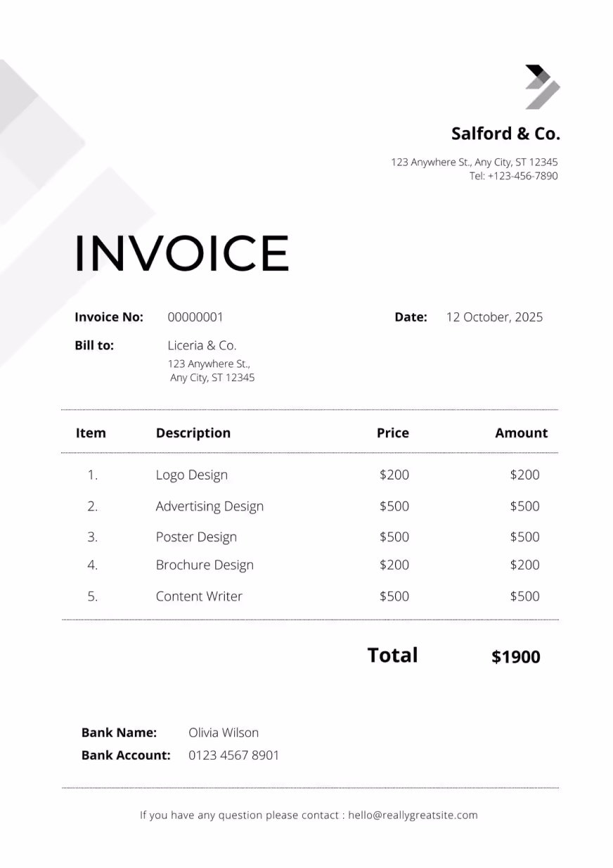 Modern invoice design with company name, address, invoice details, a list of services provided with prices, and total amount due, on a clean, minimalist layout.