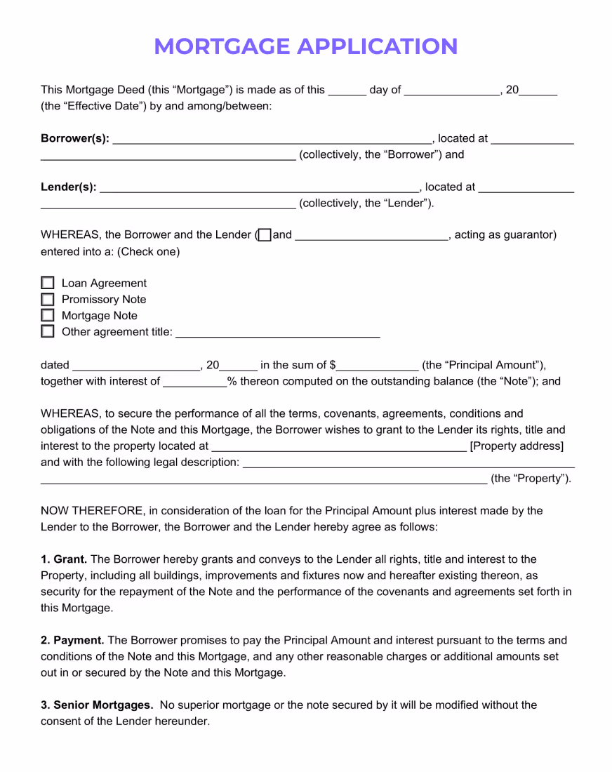 Mortgage application form with fields for borrower information, employment details, property information, loan amount requested, and spaces for applicant signatures.