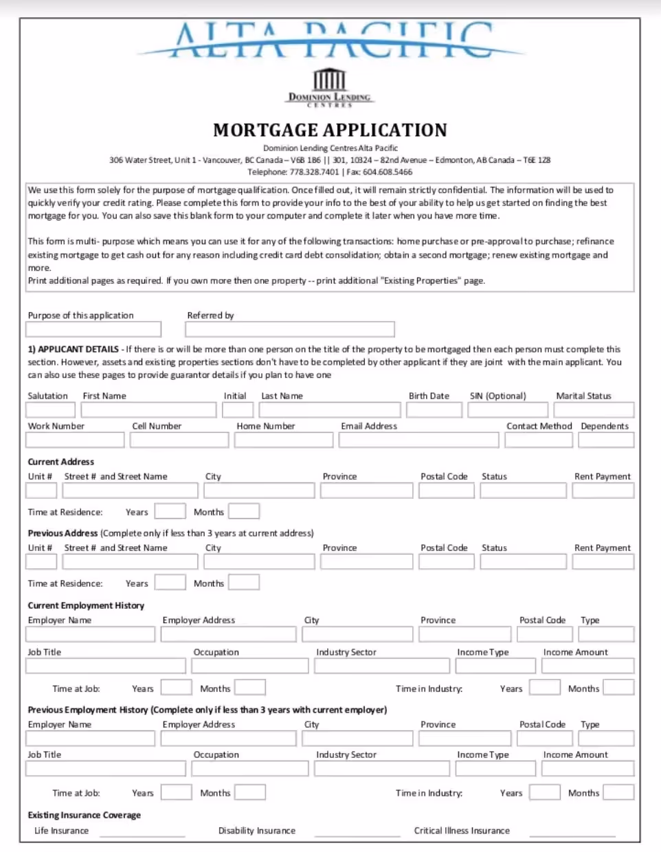 Detailed mortgage application form from a financial institution, including sections for personal, financial, and property information, along with disclosure and consent clauses.