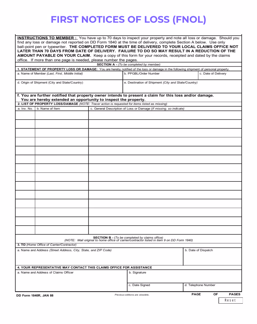 Form titled 'FIRST NOTICE OF LOSS (FNOL)' for insurance reporting, with fields for incident details, policy information, and contact details, against a lilac background.