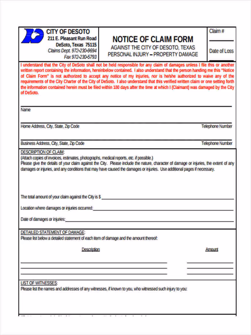 Notice of Claim form with company logo, red and blue headers, sections for claimant information, accident details, vehicle information, and insurance policy data.