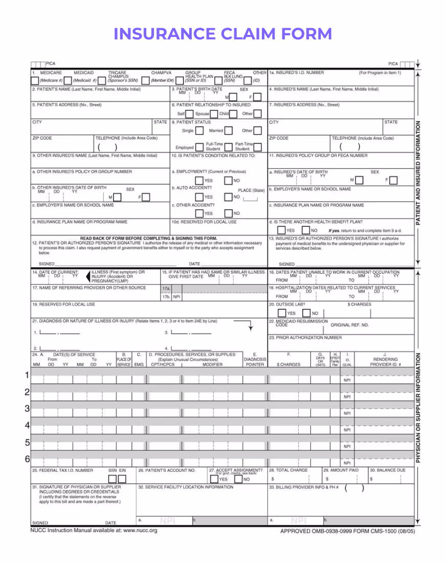  'INSURANCE CLAIM FORM' with sections for policyholder information, claim details, itemized damage or loss, and declaration.