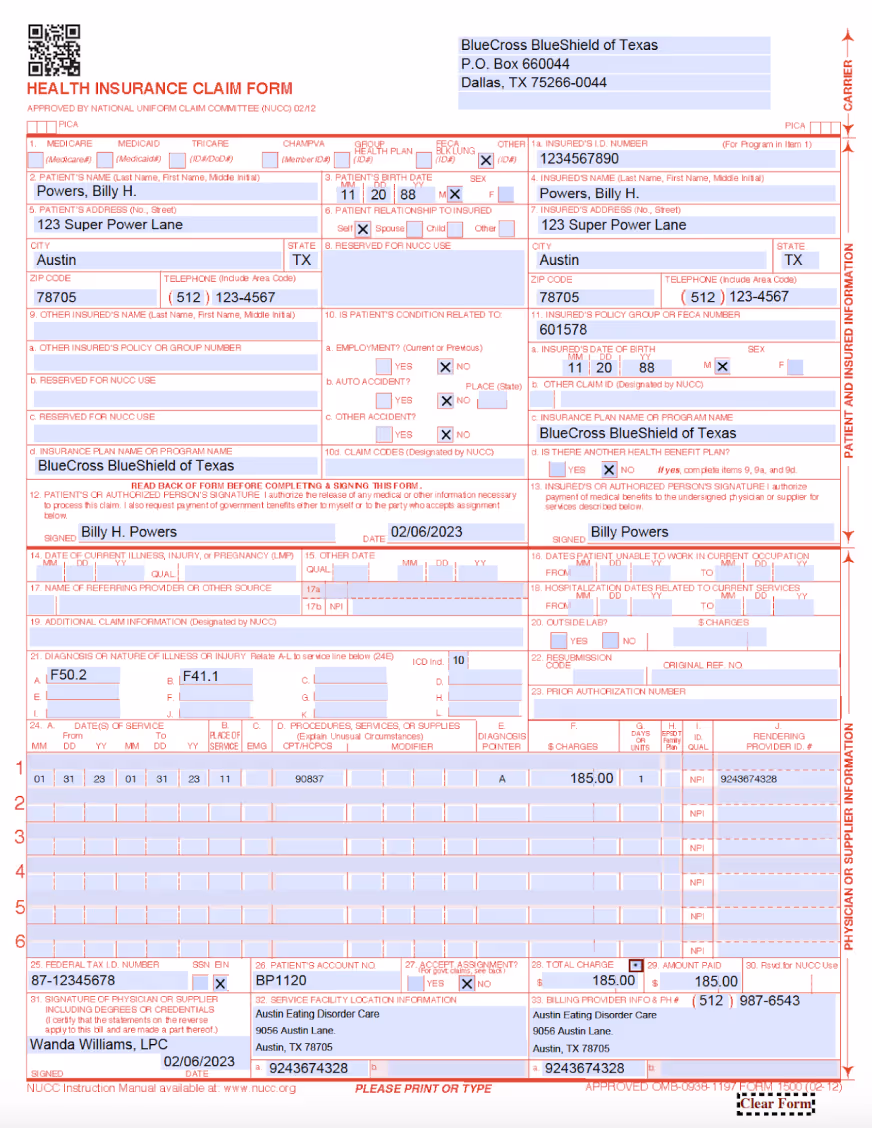 Detailed medical insurance claim form with sections for patient and provider information, treatment details, and services billed, highlighted with blue and red stripes.