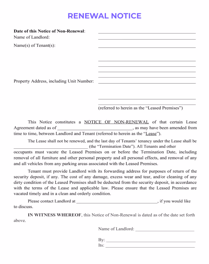 Formal general notice letter template with title, recipient details, a subject line, followed by a body of text outlining the purpose of the notice and actions required, ending with a signature line.