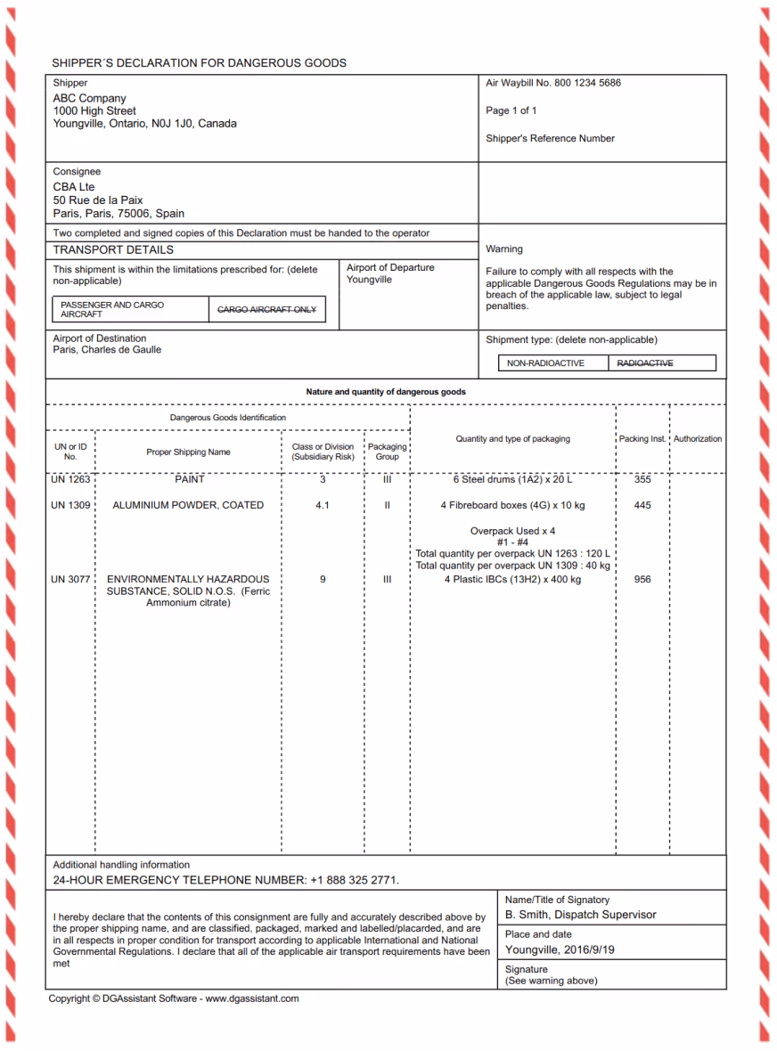A 'Commercial Invoice' template with red-striped borders, sections for seller and buyer details, shipment information, and itemized list of goods.