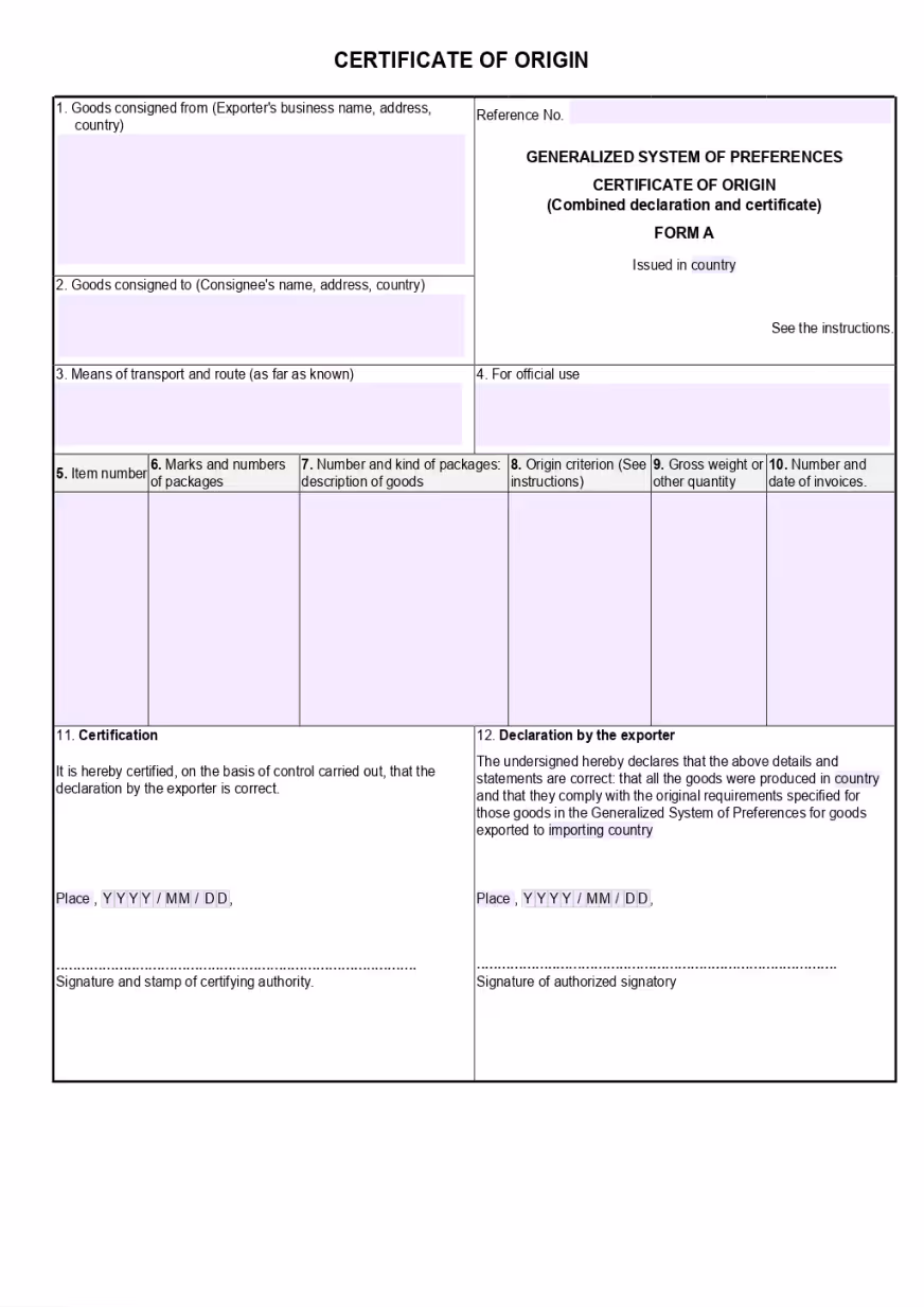 This image shows a blank "CERTIFICATE OF ORIGIN" form with fields for exporter information, consignee details, transportation and route, description of goods, and authorization. The form features a pink and white color scheme, is divided into sections for clarity, and includes a certification area at the bottom right for official use.