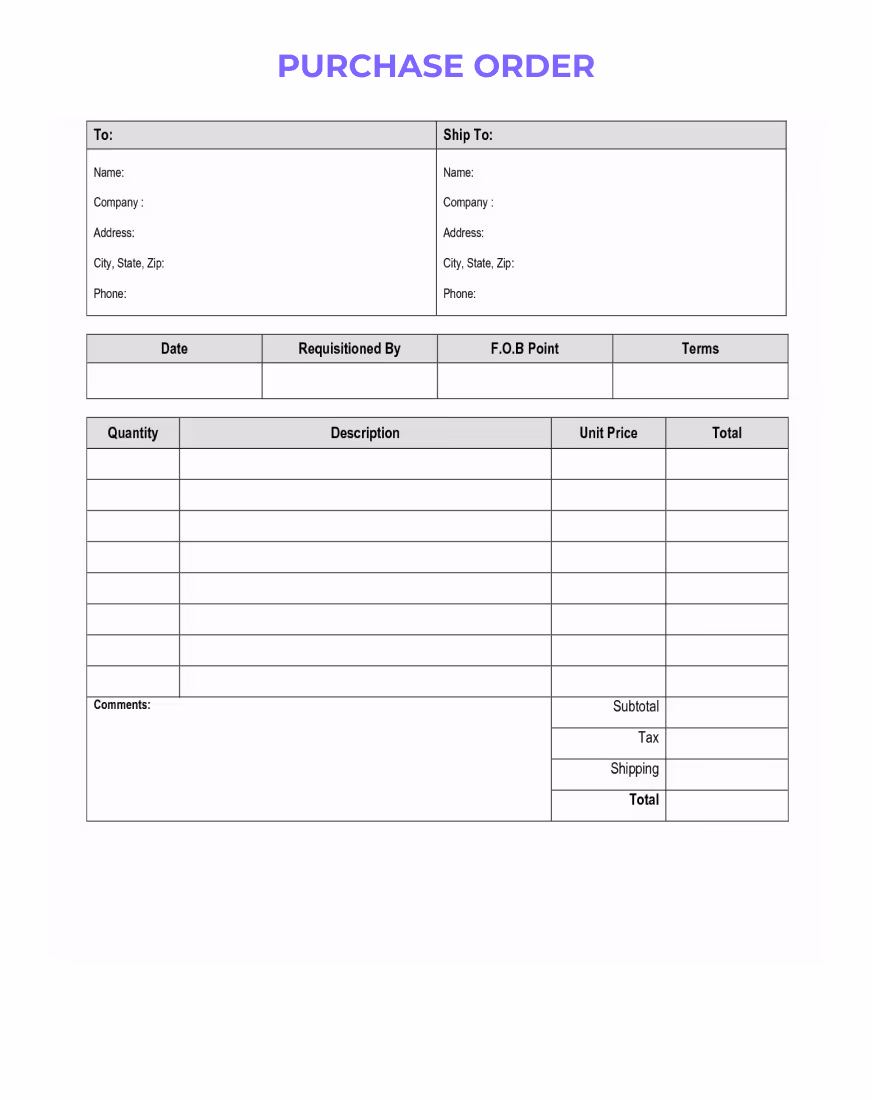 Blank 'PURCHASE ORDER' form with fields for company and supplier details, order number, date, and a table for itemized order descriptions, quantities, and price.
