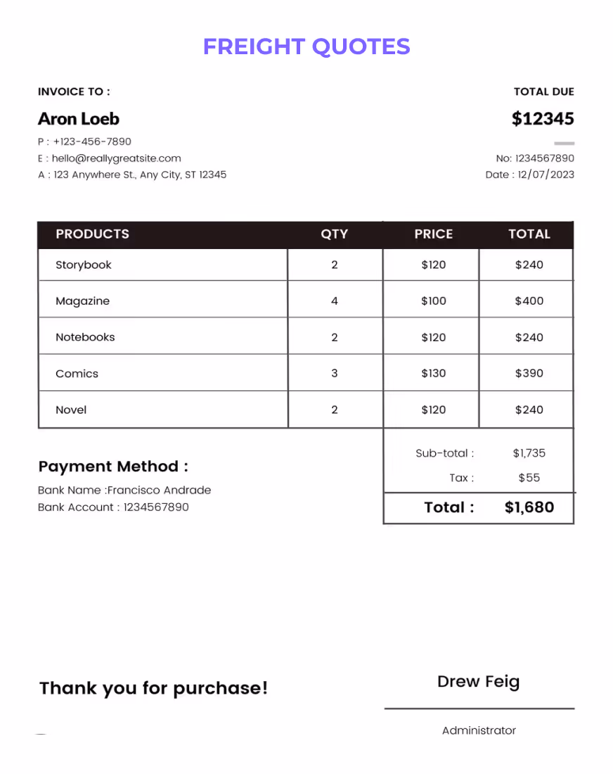 Freight quote invoice template with fields for customer details, quote number, date, description of shipping items, quantities, weights, rates, totals, payment method, and a customer appreciation note.