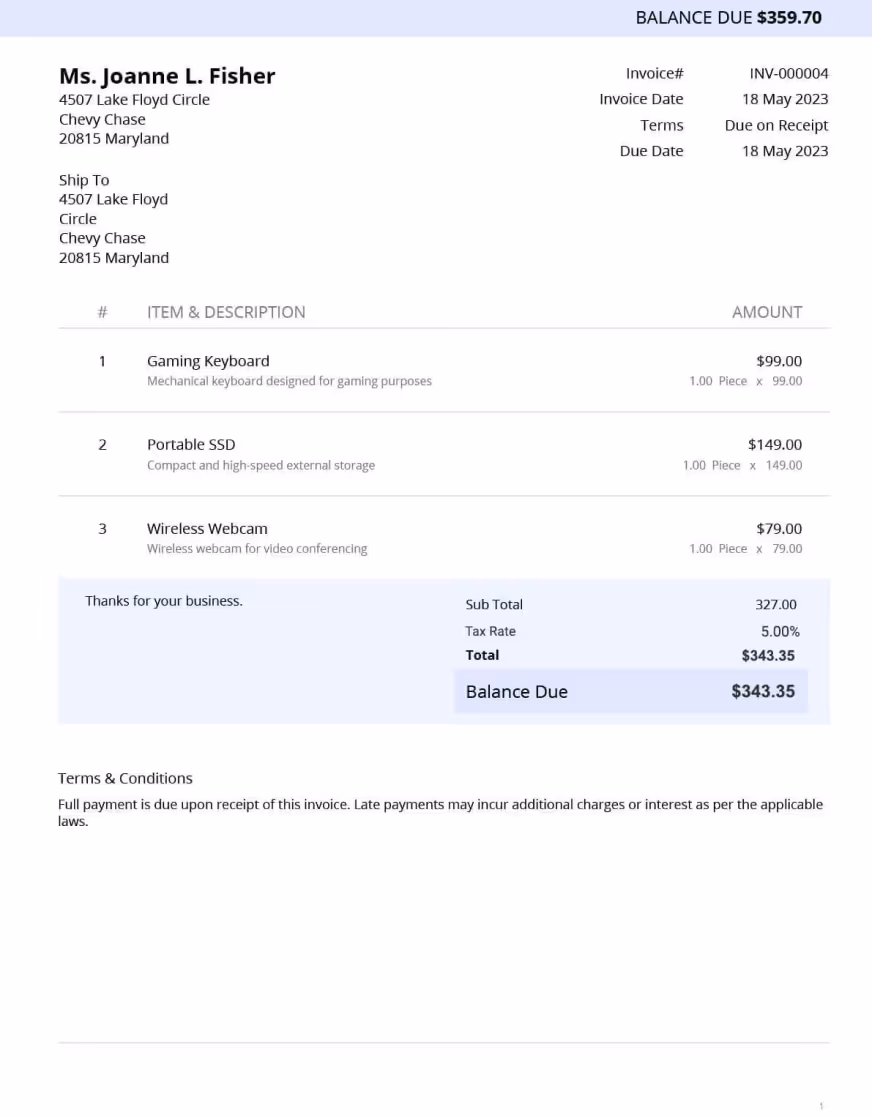 Freight invoice template showing sender's details, invoice number, and date, with a table for service descriptions, quantities, unit prices, and total, including a final total weight and payment instructions.