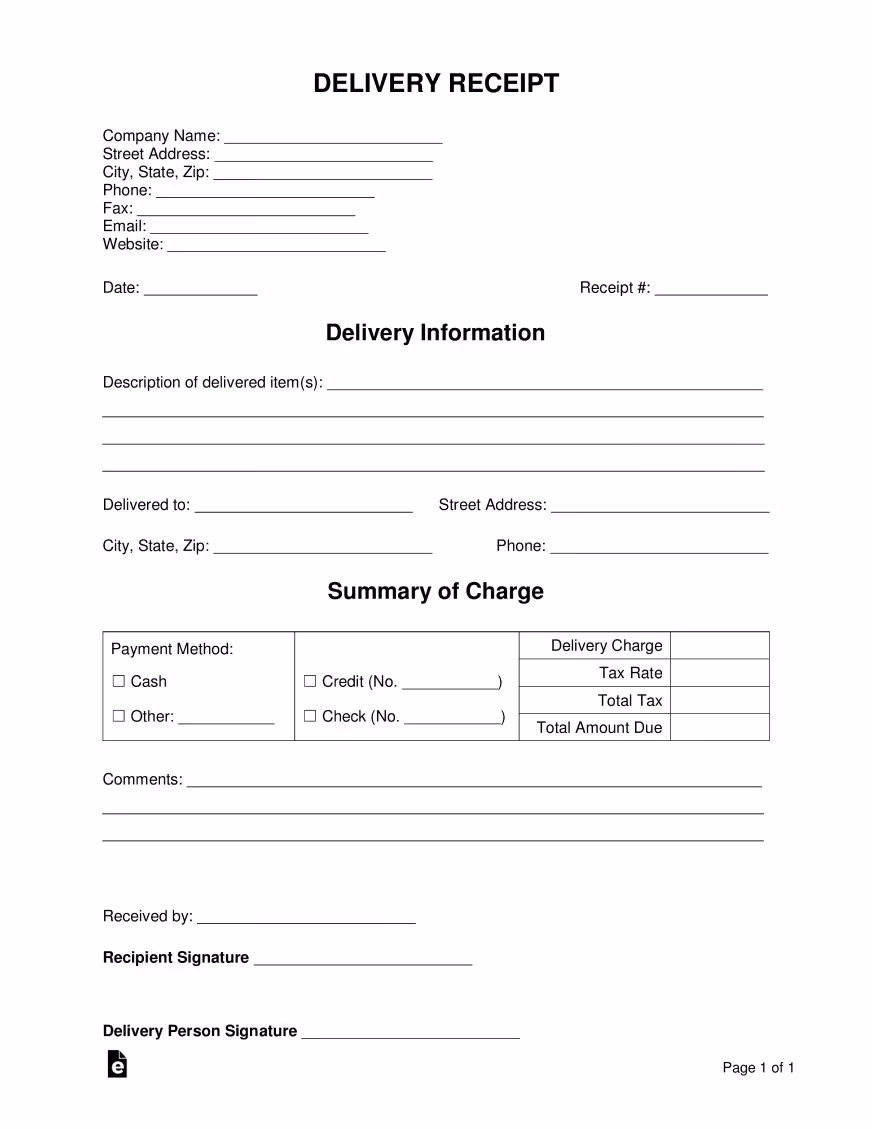 Delivery receipt template featuring fields for sender and recipient details, delivery information, and a summary of charges with a signature block at the bottom.