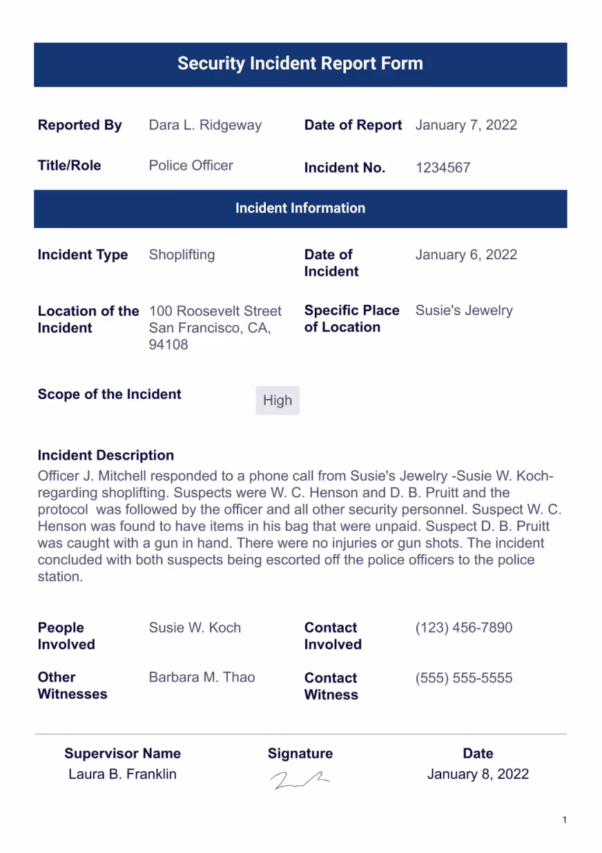 Security incident report form with sections for report details, incident specifics, person descriptions, narrative, actions taken, and reporter information, on a blue header background.
