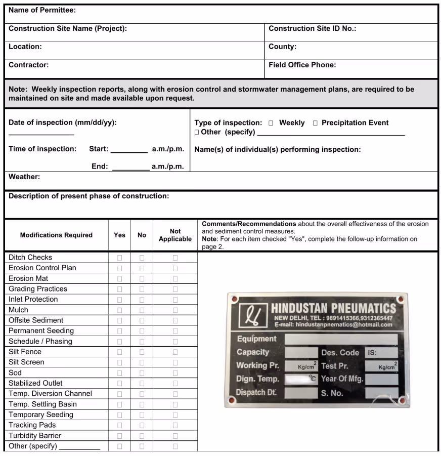 Document for equipment asset management detailing project and equipment information, maintenance records, and a sample equipment data plate image.